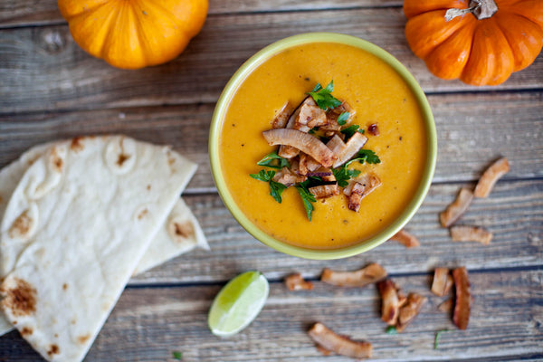 Curried Pumpkin Soup with Coconut "Bacon" - Soup Recipe