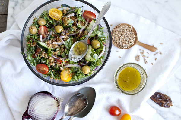 Farro Salad with Olives, Medjool Dates, and Mediterranean ProactivChia Dressing - Salad Recipe