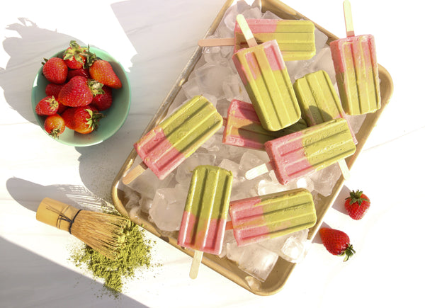 Matcha-avocado & strawberry popsicle