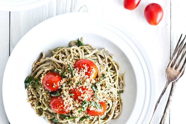 Kale Pesto Soba Noodles with Crispy Zaatar Panko Topping - Main Course Recipe