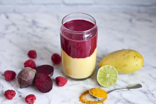 Layered Smoothie with Mango, Lime, Beets and Raspberries