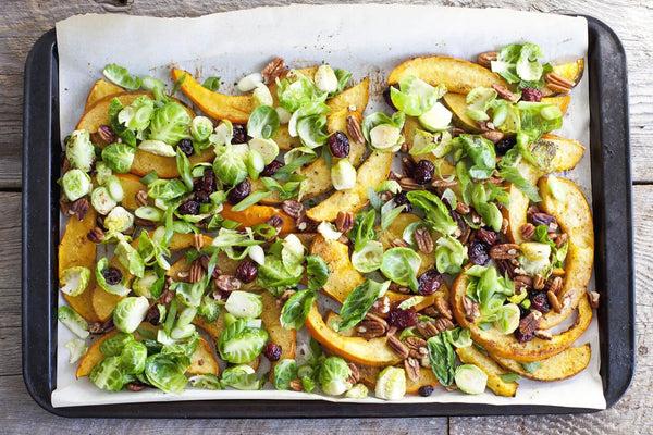 Maple-Spice Roasted Squash with Brussels Sprouts, Pecans and Cranberries - Appetizer Recipe