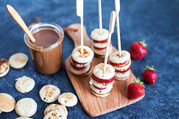 Mini Pancake Skewers with Hazelnut Butter and Fresh Fruits - Breakfast Recipe