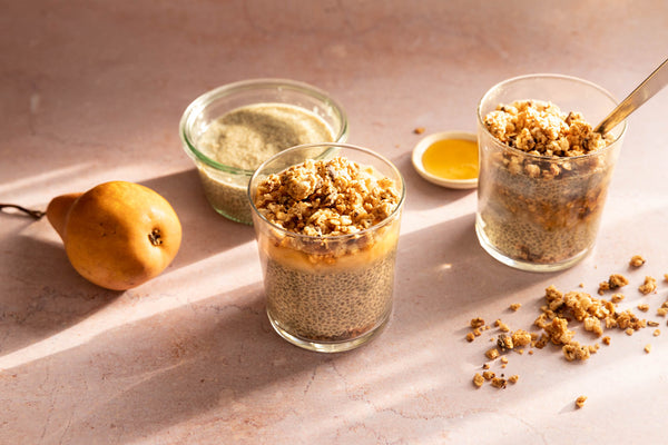 Chaï Chia Pudding with Pear Compote topped with Choco-Chips Granolove Gourmet