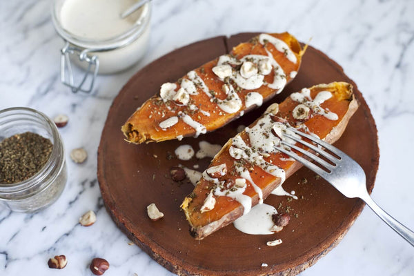 Roasted Sweet Potato with Tahini Sauce, Hazelnuts, and Za'atar - Appetizers Recipe