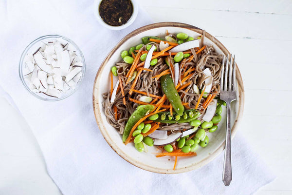 Soba Noodle Salad with Edamame, Coconut Chips, and Ginger-Sesame Dressing - Main Course Recipe