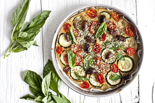 Summer Pizza with Grilled Vegetables, Hemp and Kalamata Olives - Appetizer Recipe